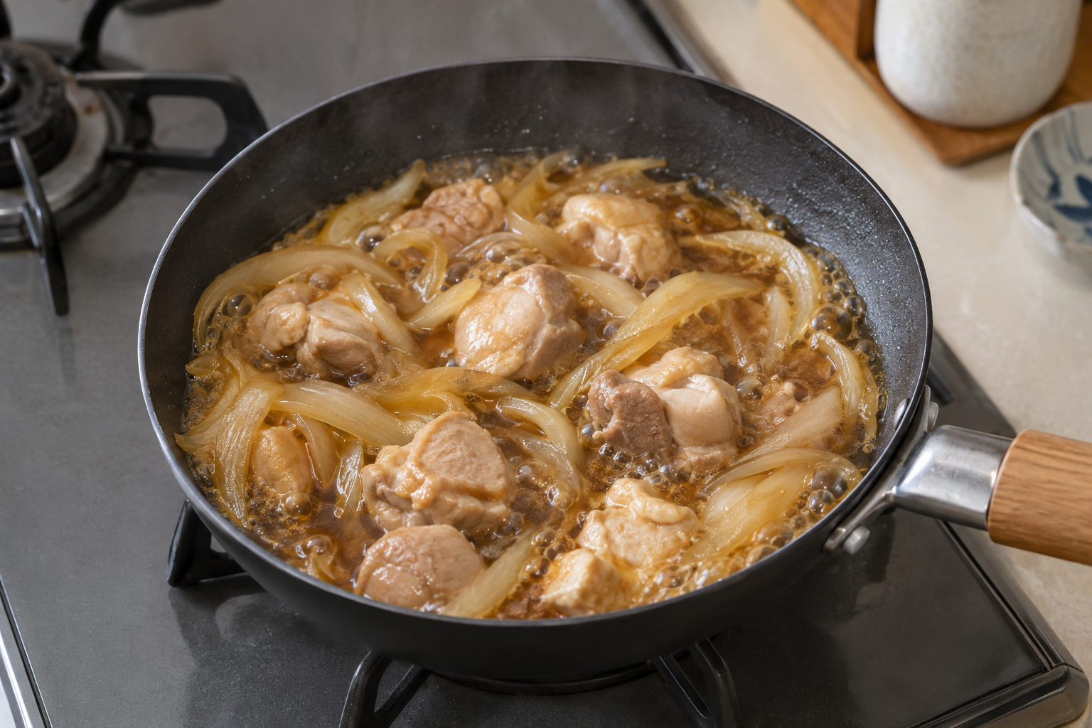 Bite-size chicken pieces cooking with onion in oyakodon sauce