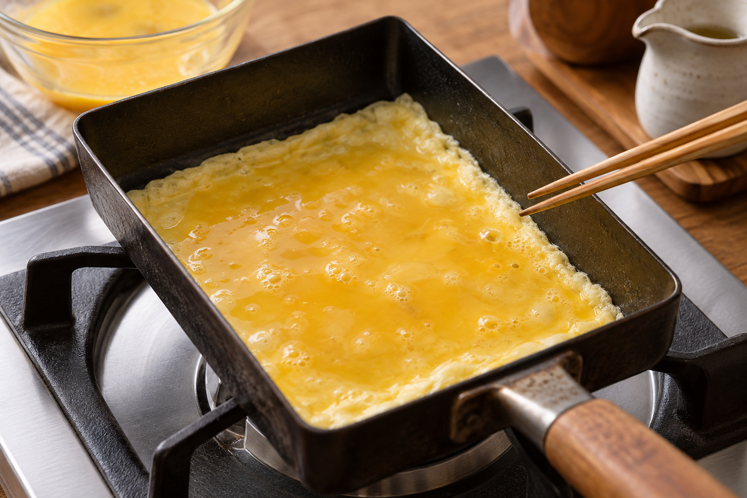 A thin first layer of egg cooking in a rectangular tamagoyaki pan