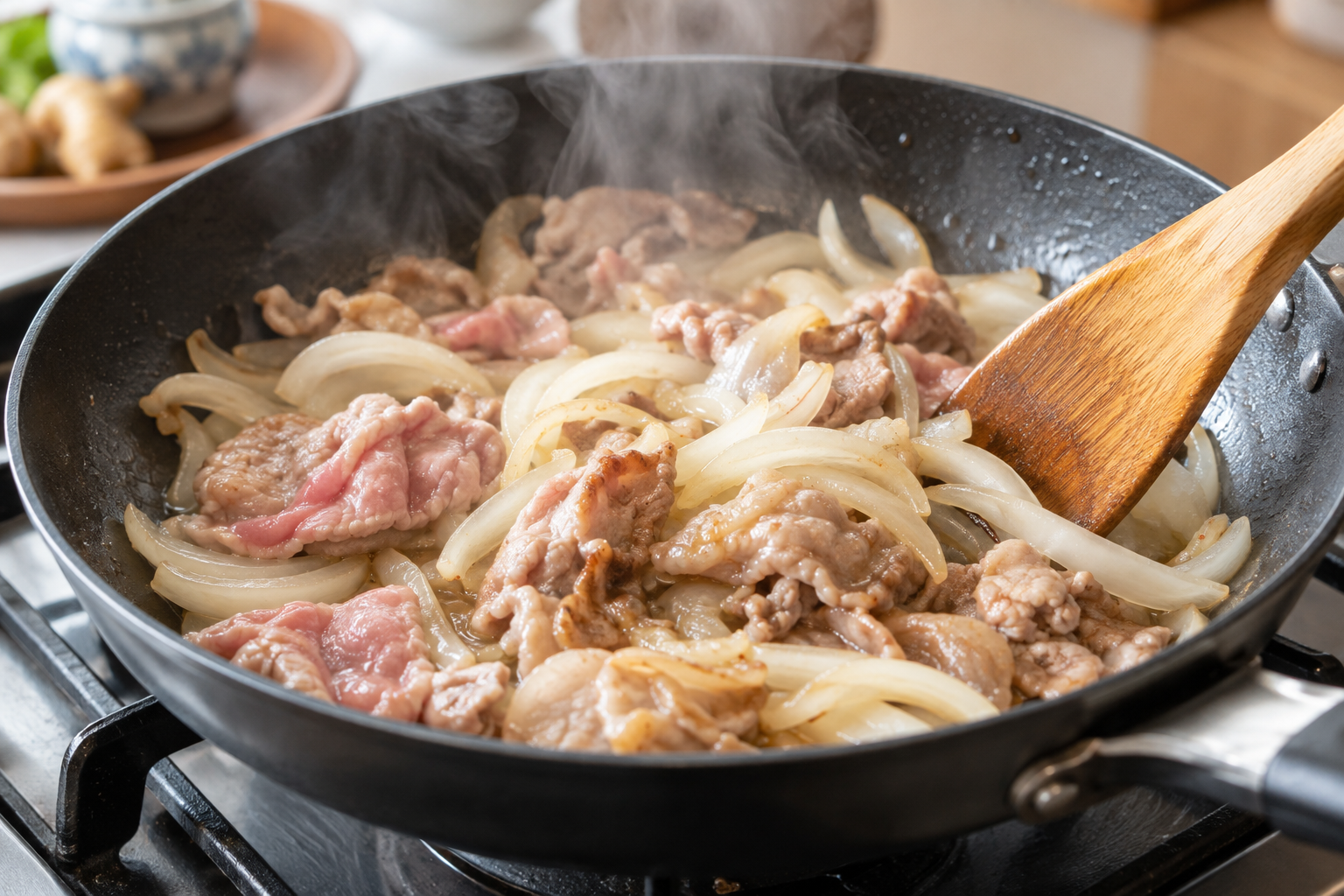 Thin pork slices and onion cooking together in a skillet