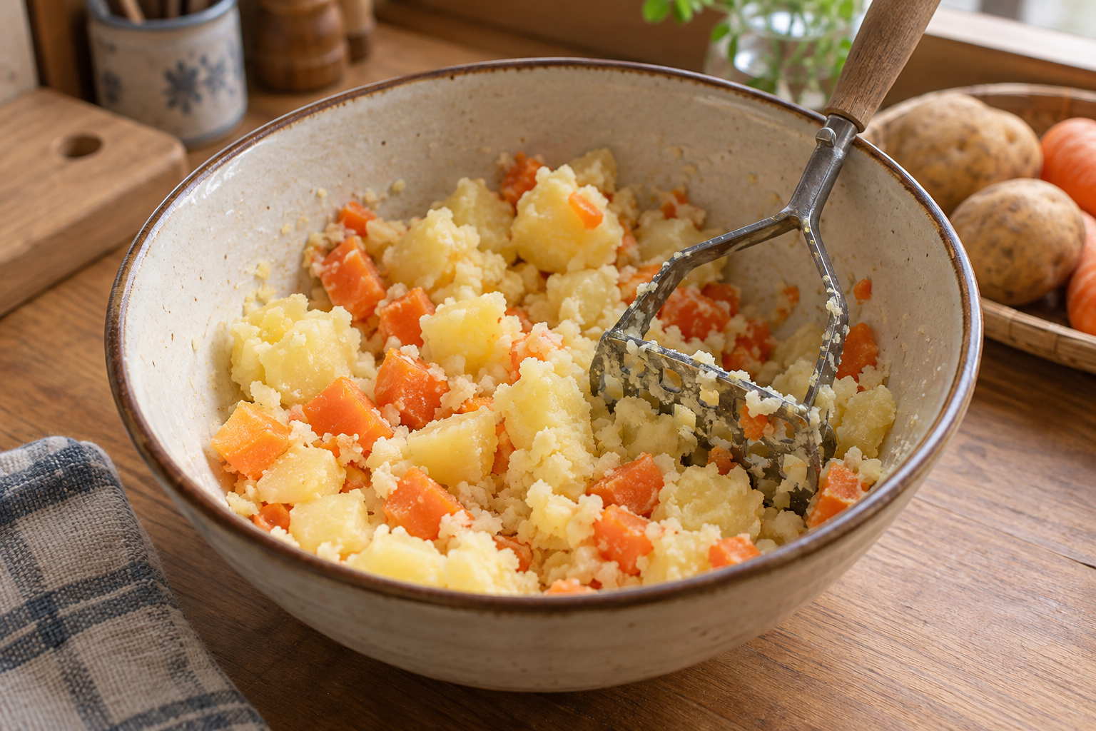 Cooked potatoes and carrots being roughly mashed in a ceramic bowl