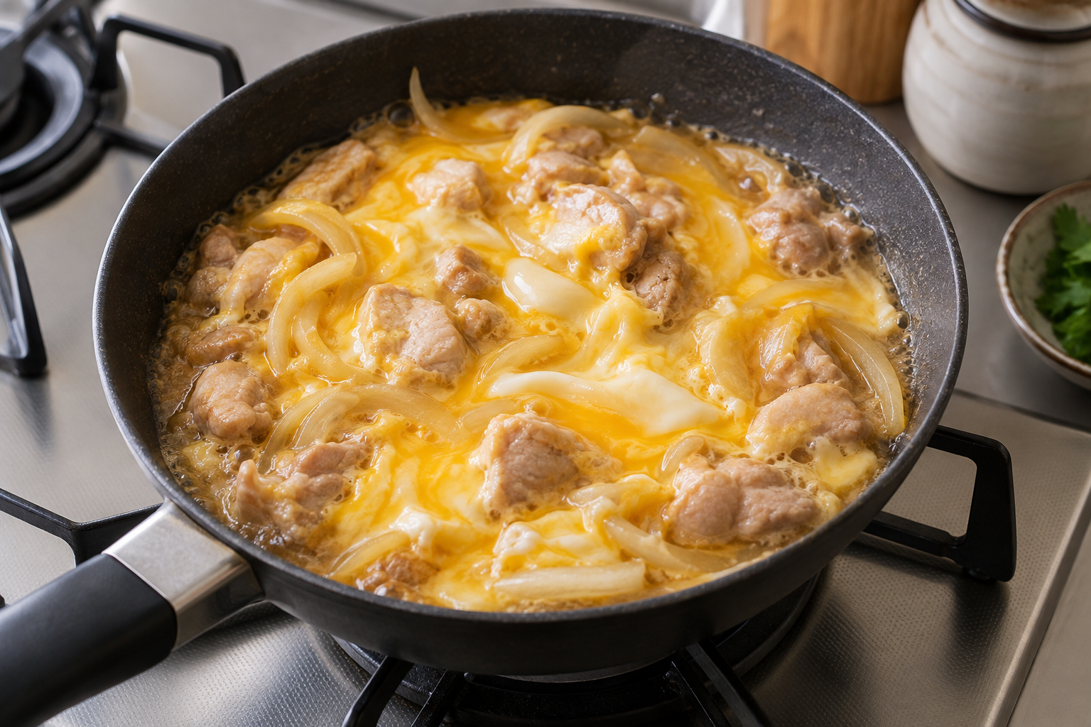 Softly setting beaten egg over cooked chicken and onion for oyakodon