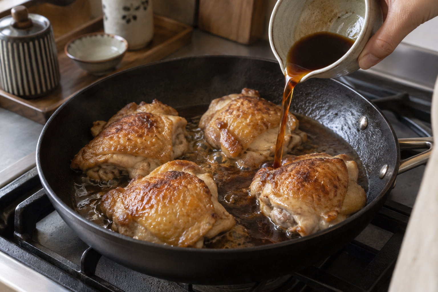 Homemade soy mirin sauce being poured around browned chicken thighs