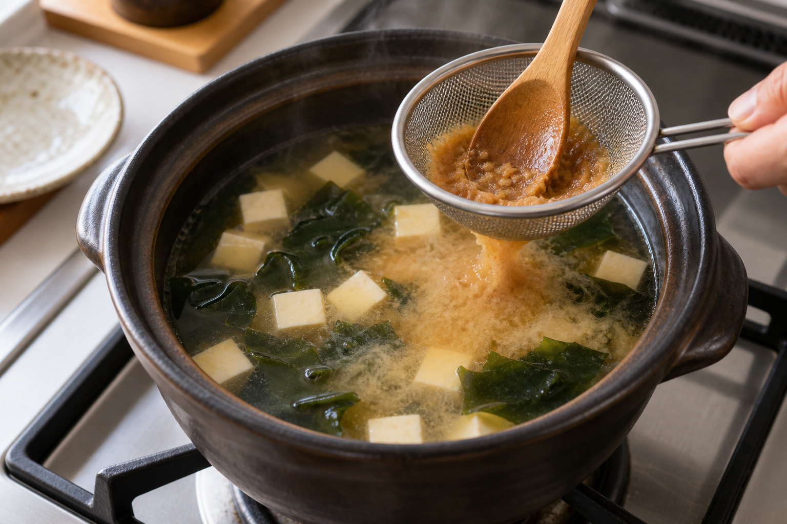 Miso paste being dissolved into hot dashi through a small strainer