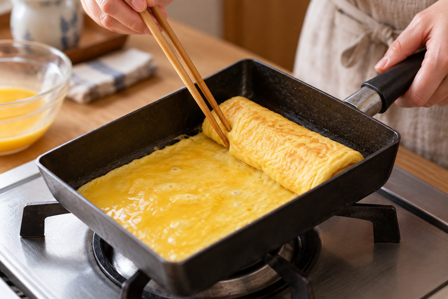 A thin egg layer being rolled with chopsticks in a tamagoyaki pan
