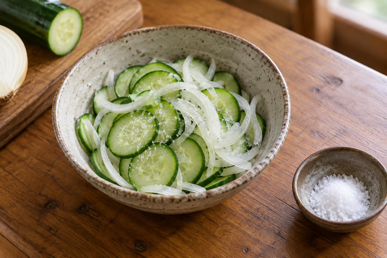 Thin cucumber and onion slices resting with salt