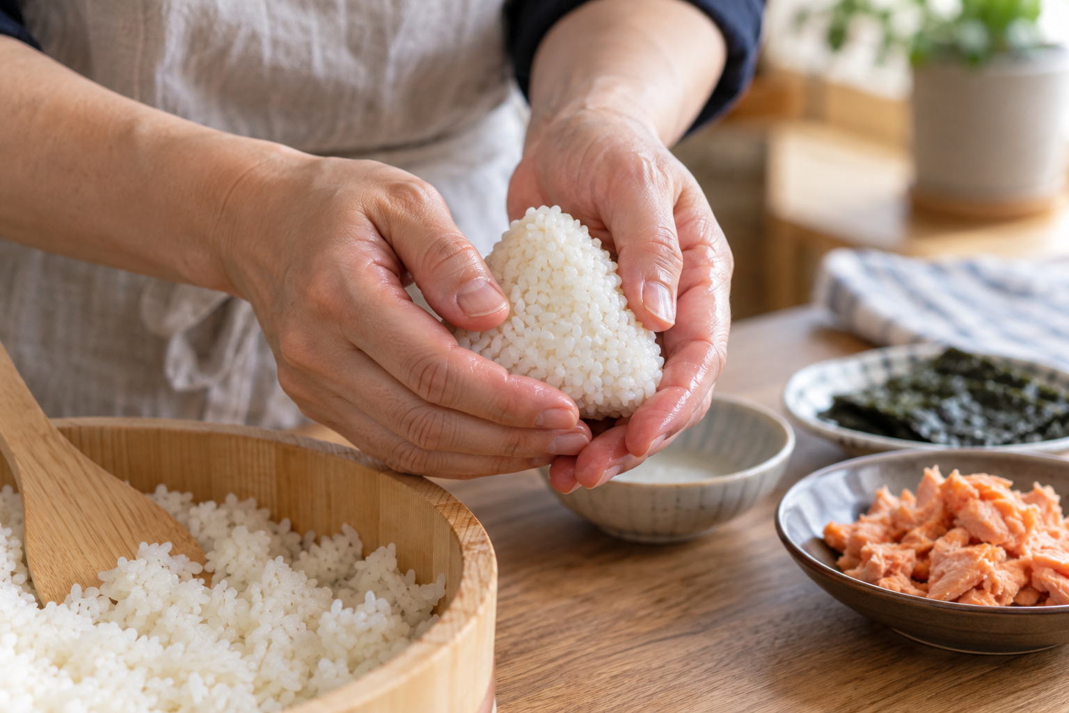 Hands gently shaping salmon-filled rice into a triangular onigiri