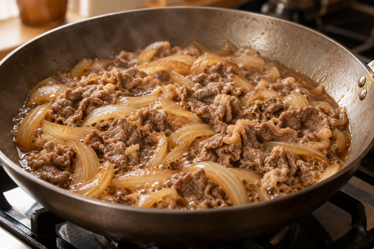 Fully cooked thin beef and translucent onions simmering in soy dashi sauce