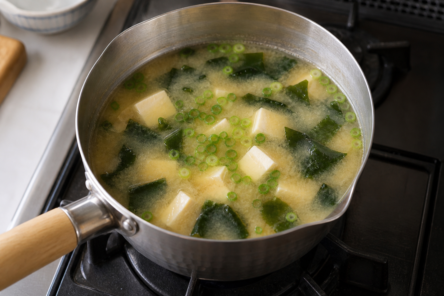 Finished miso soup with tofu, wakame and sliced green onion