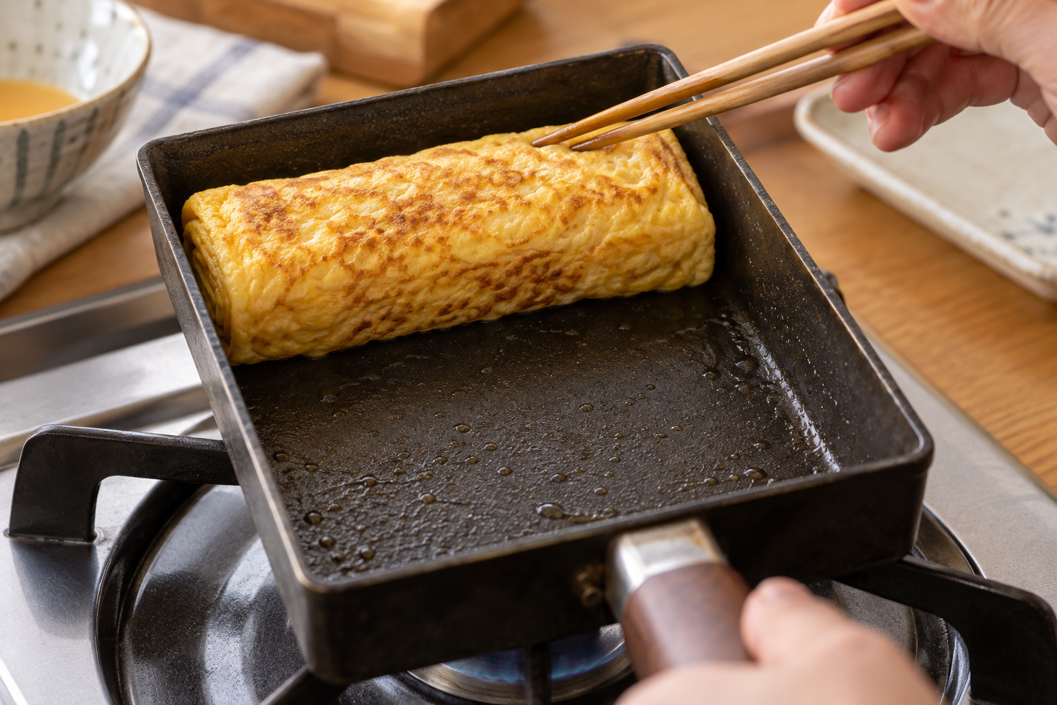 Finished golden tamagoyaki resting in a rectangular pan before slicing