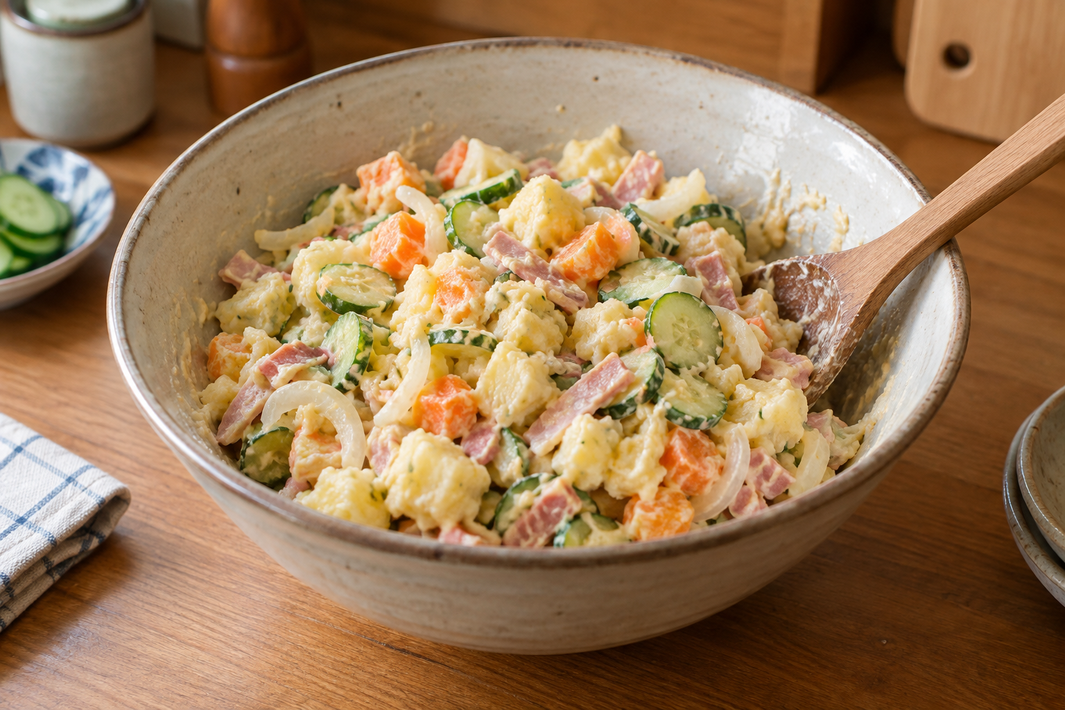 Japanese potato salad being gently folded together in a mixing bowl