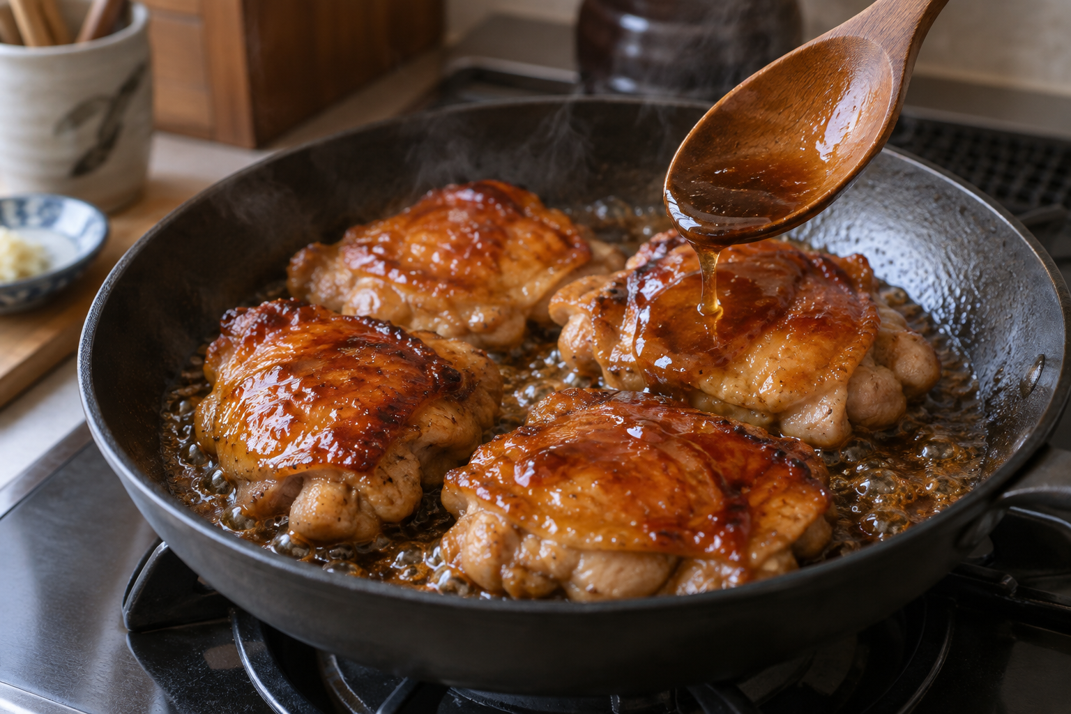 Cooked chicken thighs being glazed with reduced teriyaki sauce in a skillet