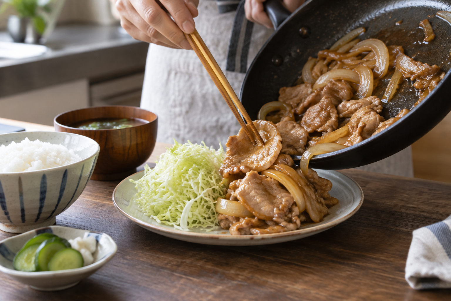 Ginger pork being plated beside shredded cabbage and steamed rice