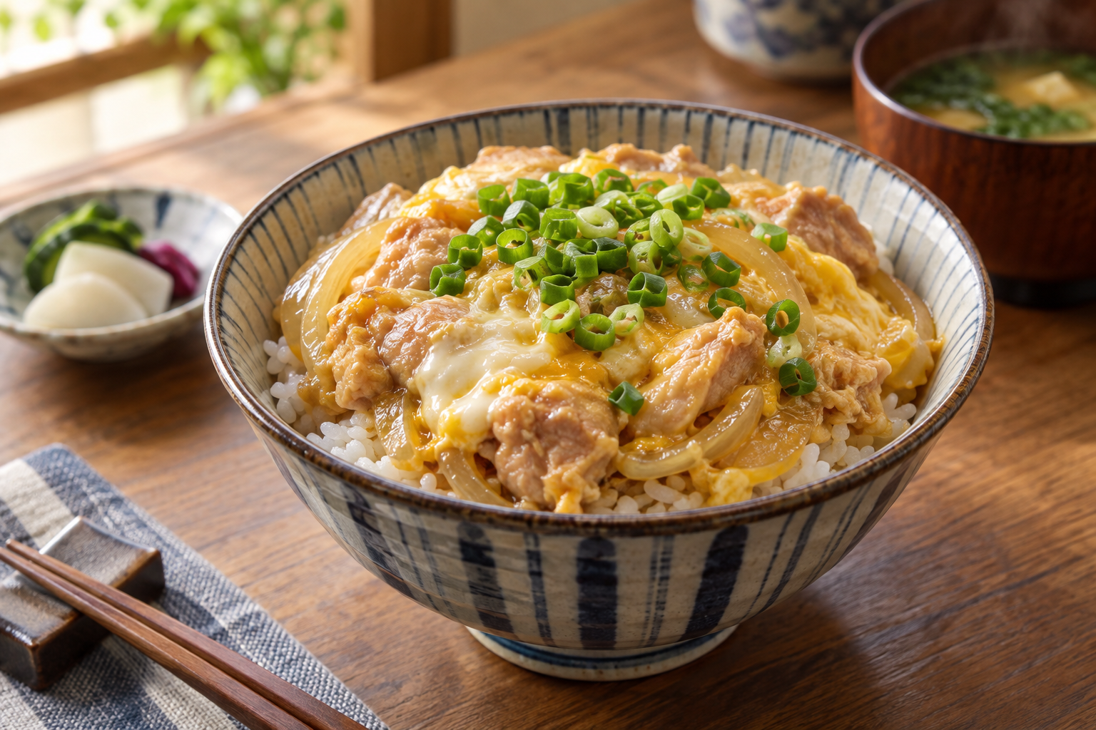 Finished oyakodon chicken and egg mixture served over Japanese rice