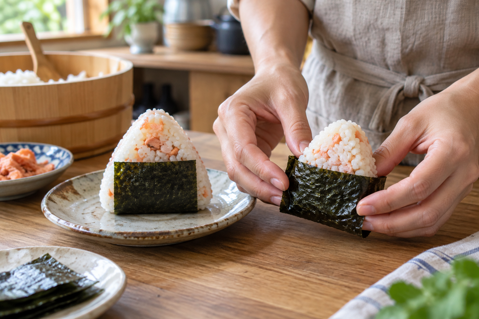 Nori seaweed being wrapped around freshly shaped salmon onigiri