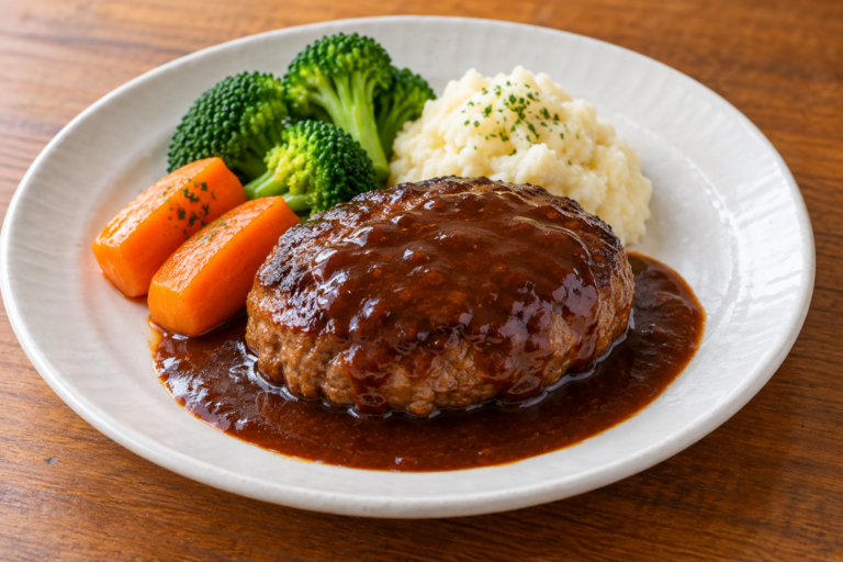 Japanese hambagu hamburger steak with glossy brown sauce and vegetables
