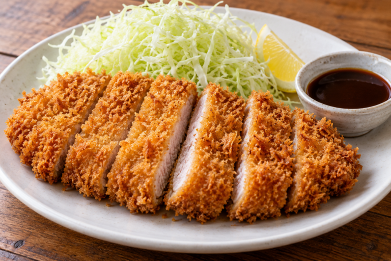 Crispy sliced Japanese tonkatsu pork cutlet with cabbage and sauce