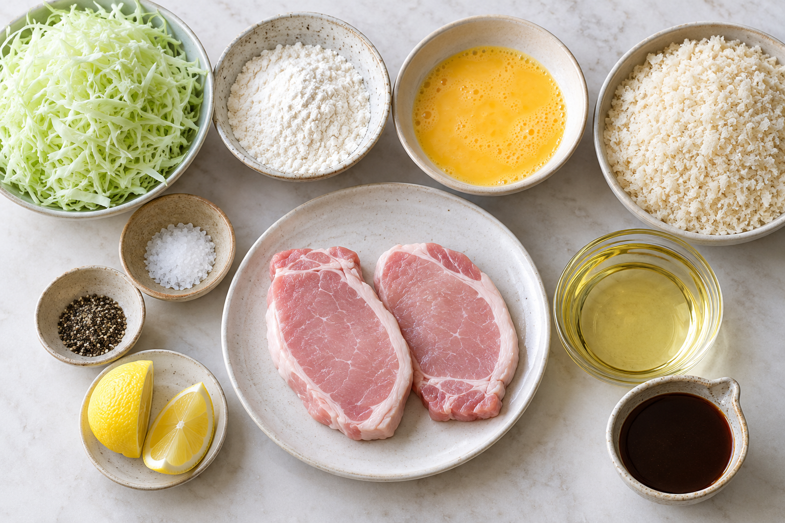Tonkatsu ingredients including pork loin, flour, egg, panko, cabbage, lemon and sauce