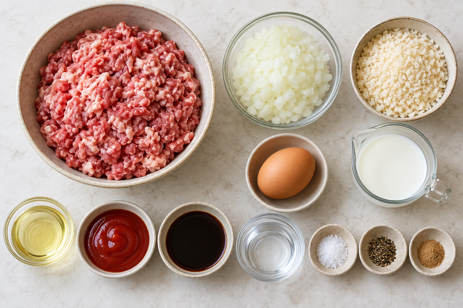 Ingredients for Japanese hambagu including ground meat, onion, egg, panko, milk and sauce seasonings