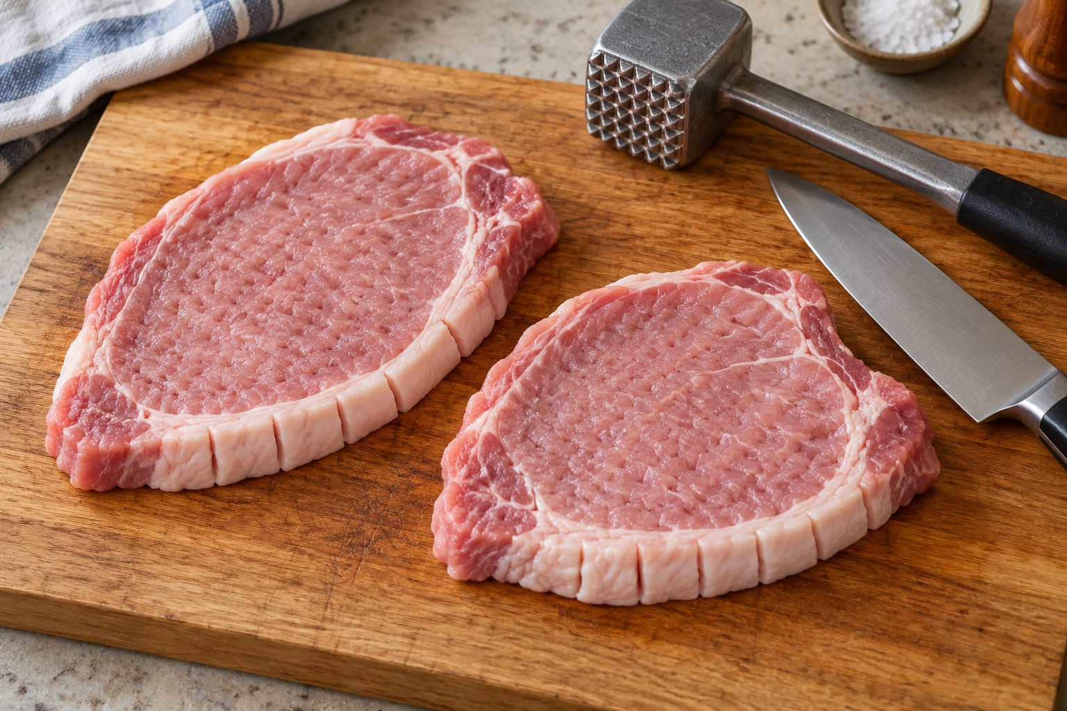 Pork loin chops evenly flattened with the fat edge scored for tonkatsu