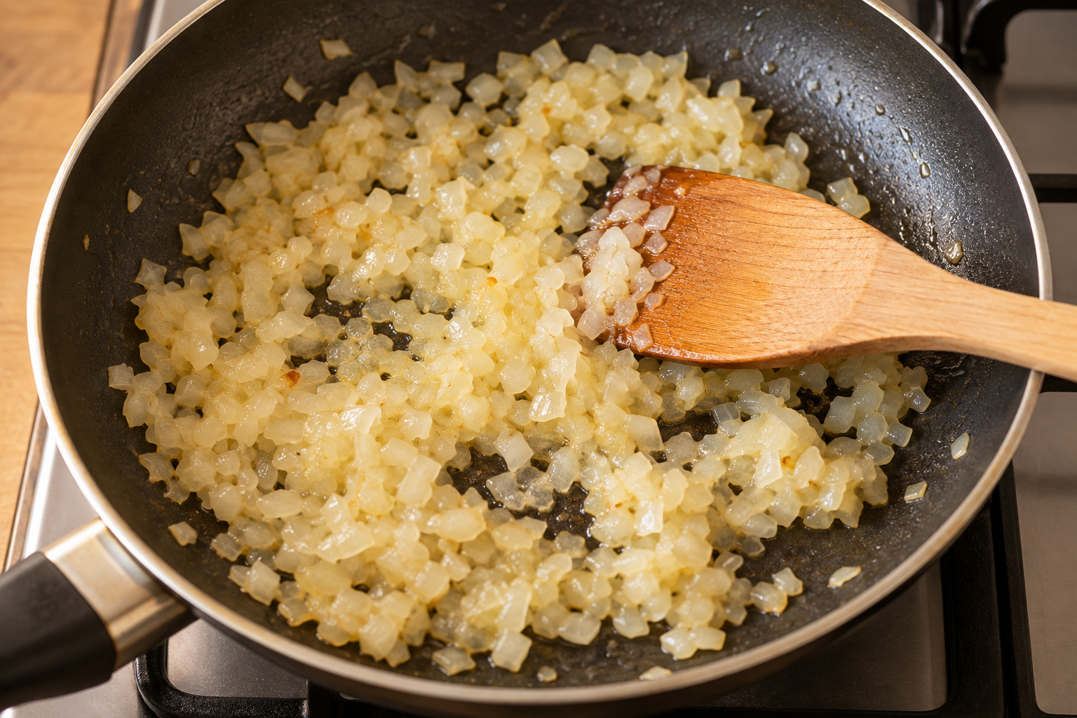 Finely chopped onion sautéing until translucent for Japanese hambagu