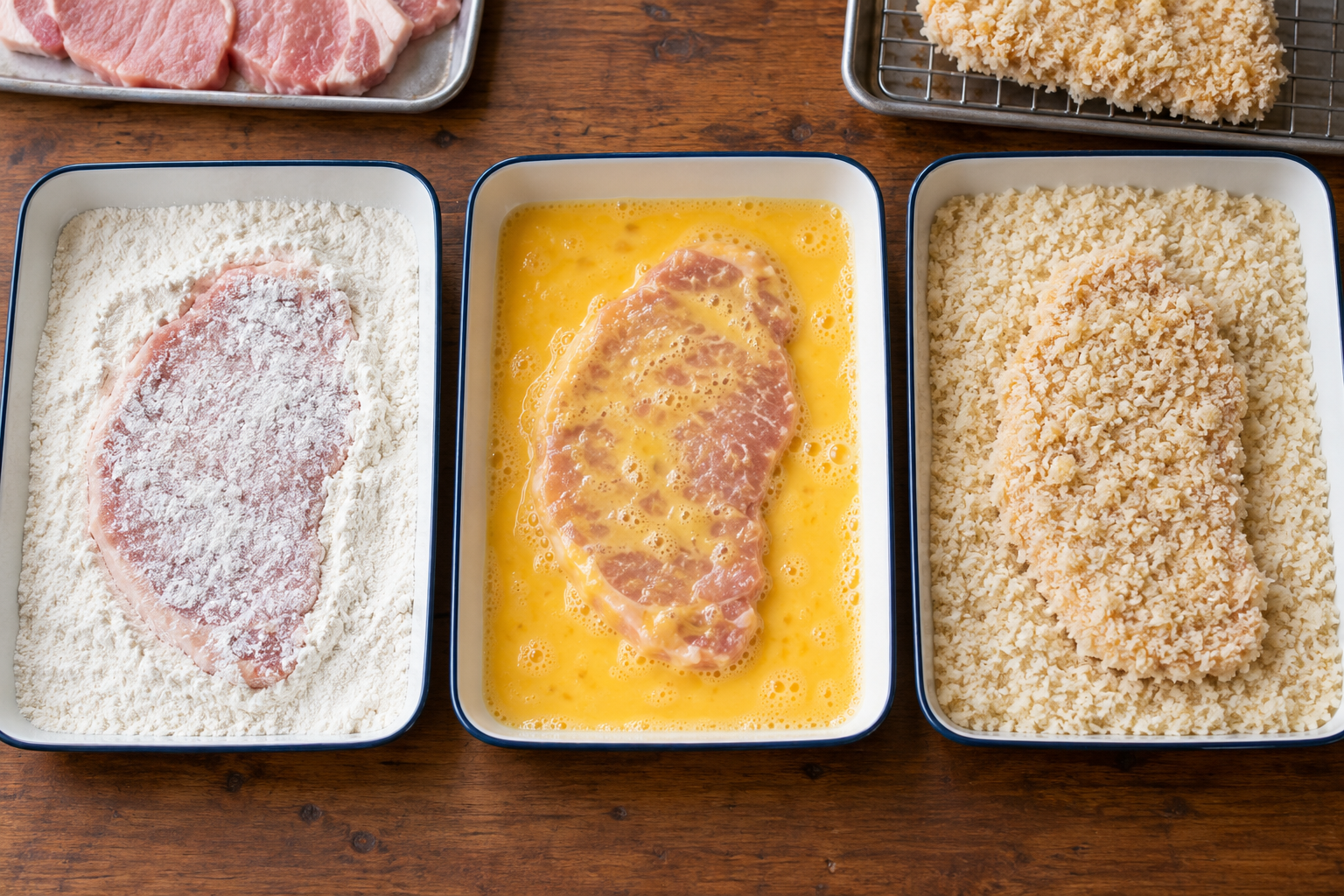 Tonkatsu breading station with flour, beaten egg, panko and a coated pork cutlet