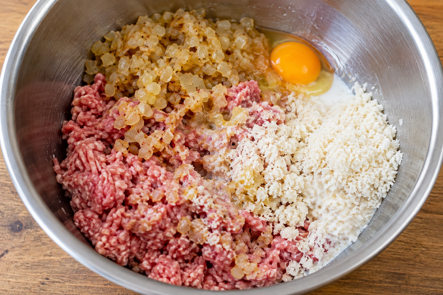 Ground meat, sautéed onion, egg and panko mixture for Japanese hamburger steak