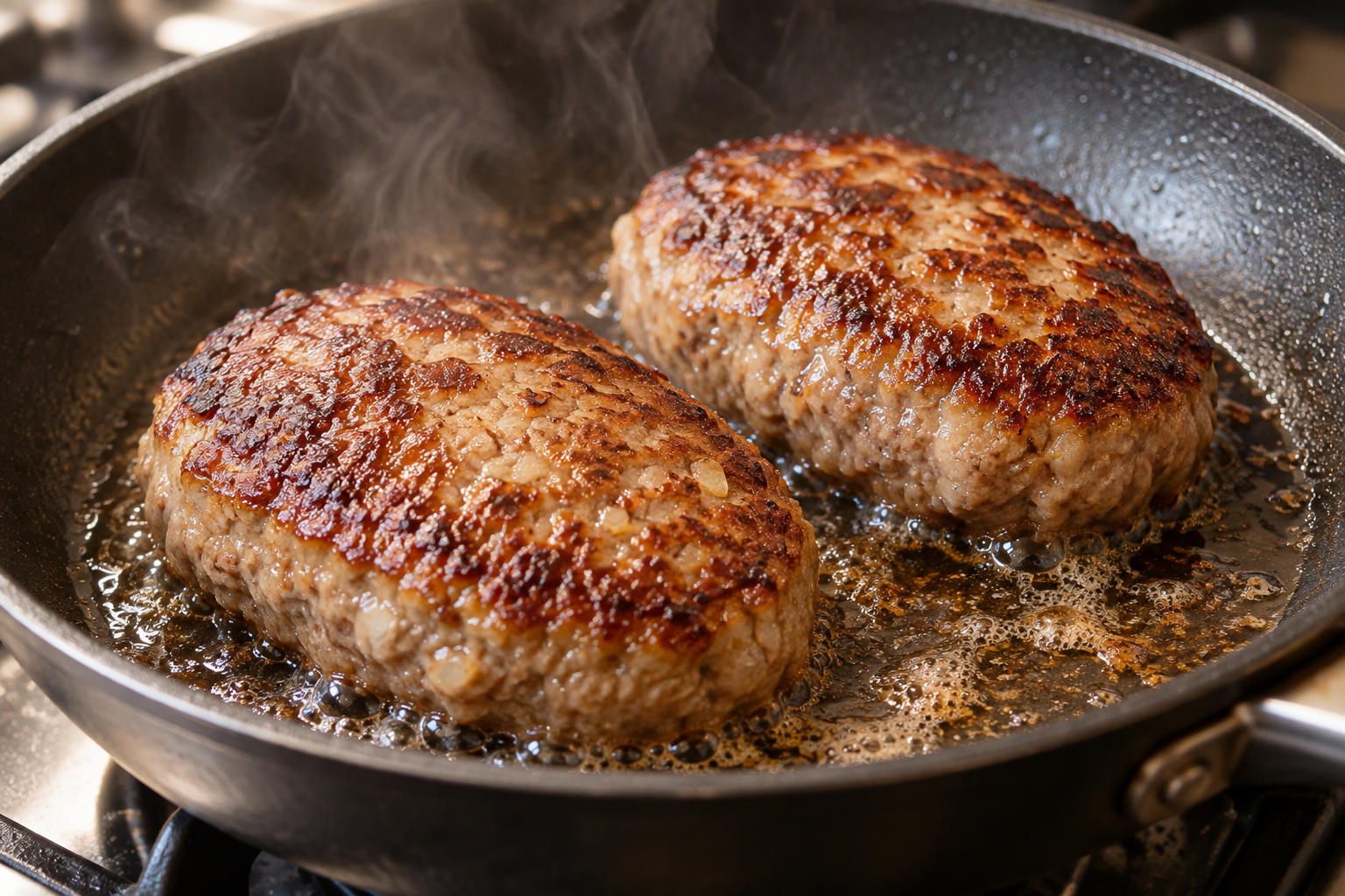 Oval Japanese hambagu patties browning in a frying pan