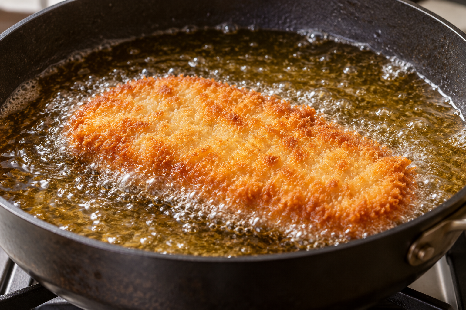 Panko-coated pork cutlet frying in clean golden oil for tonkatsu