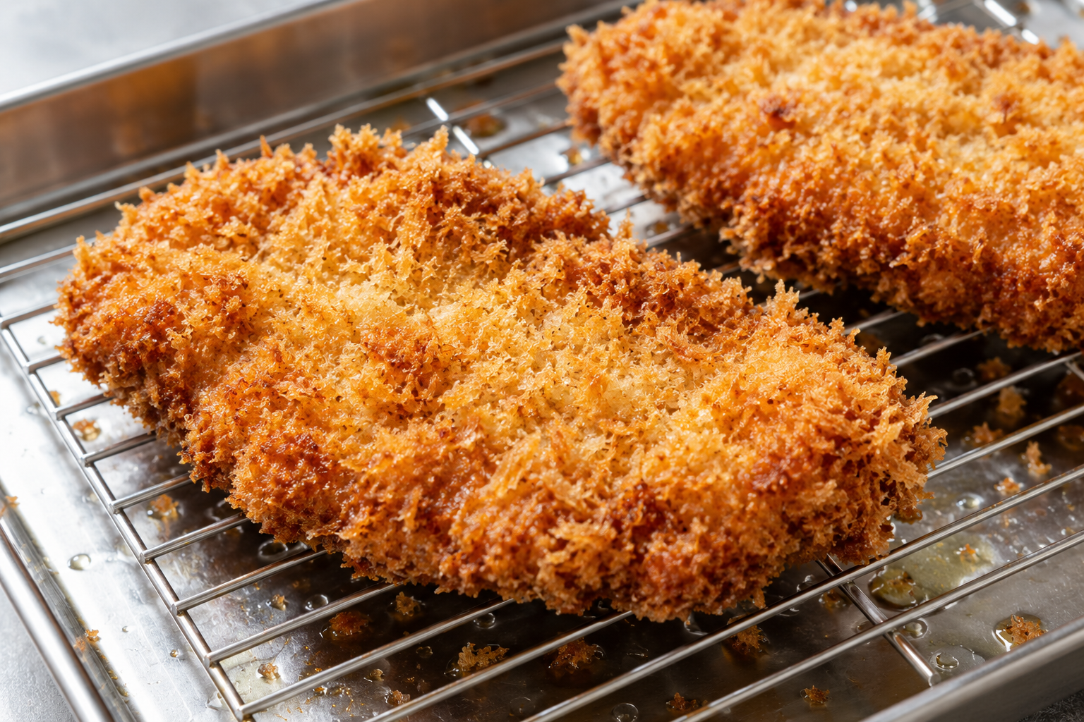 Golden fried tonkatsu cutlets draining on a wire rack