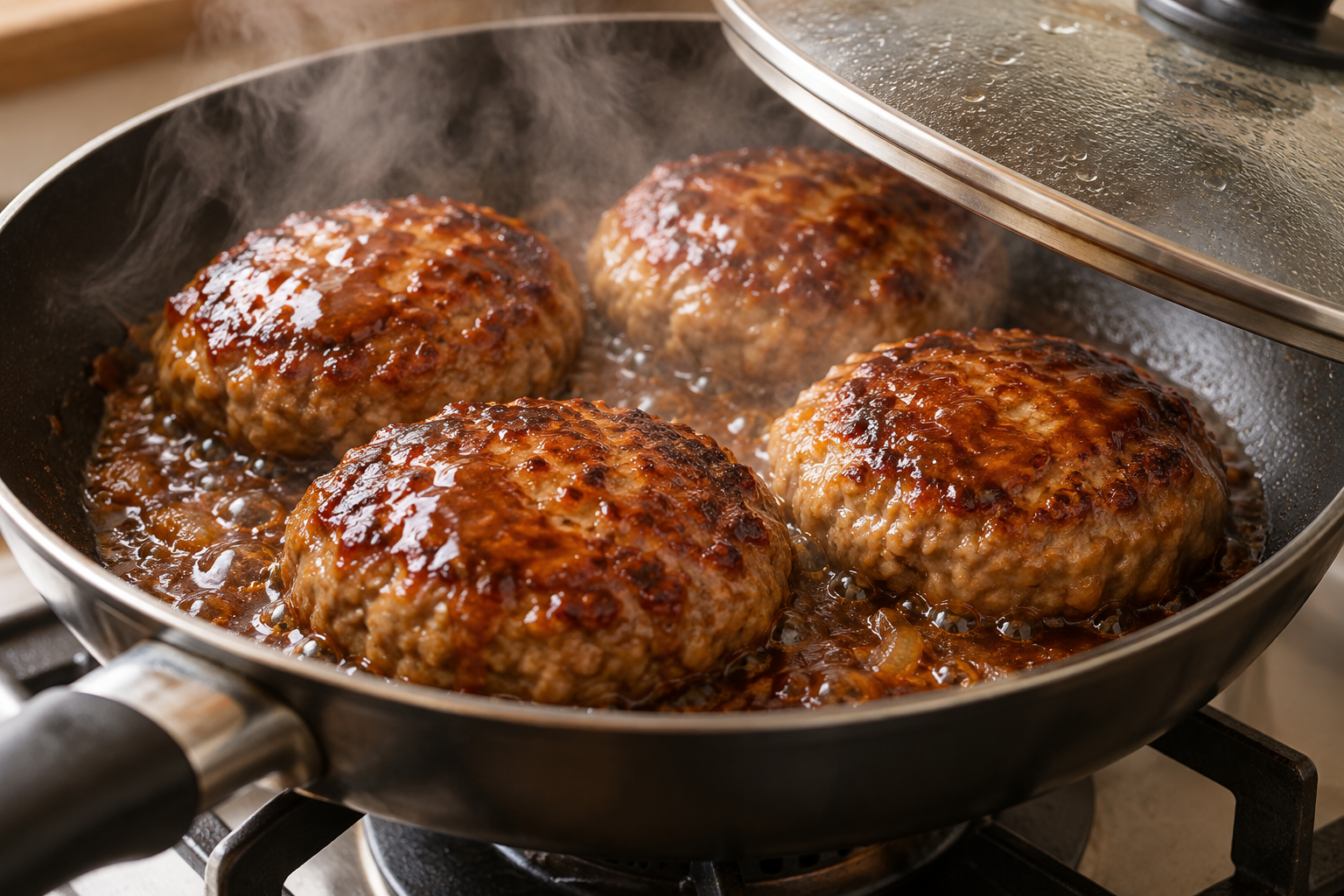 Japanese hambagu patties steaming and glazing with sauce under a pan lid